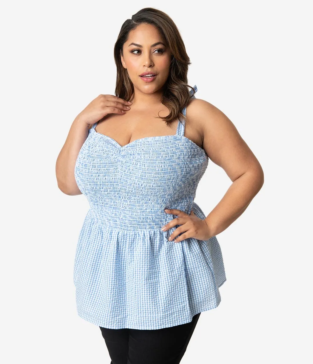 Unique Vintage Plus Size Blue & White Gingham Seersucker Bitsy Peplum Top