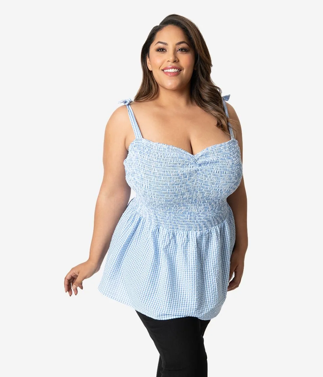 Unique Vintage Plus Size Blue & White Gingham Seersucker Bitsy Peplum Top