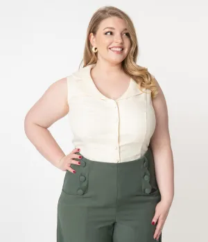 Unique Vintage Plus Size Cream Sleeveless Button Up Polly Blouse