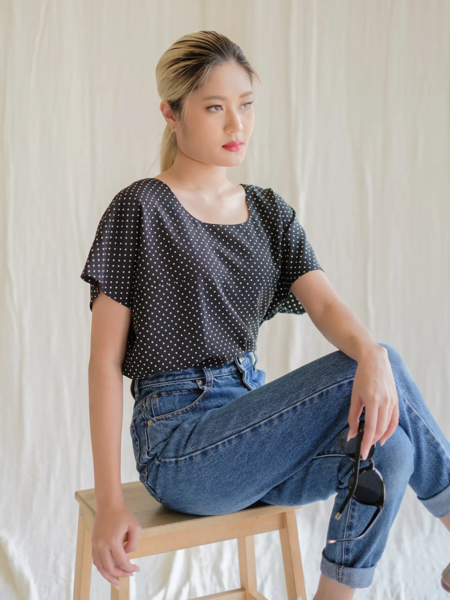 Vintage Black Polka Dot Round Neck Blouse