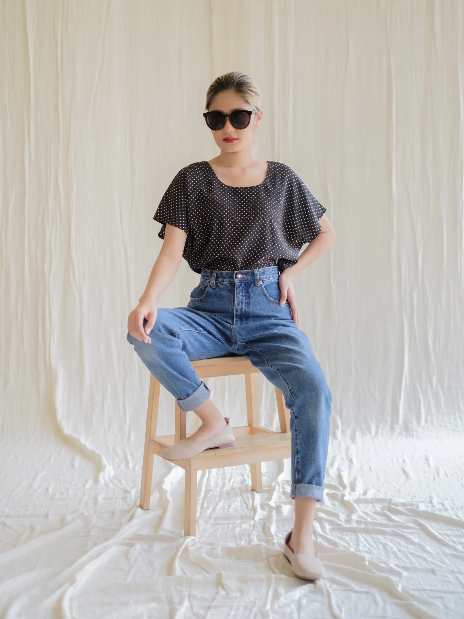 Vintage Black Polka Dot Round Neck Blouse