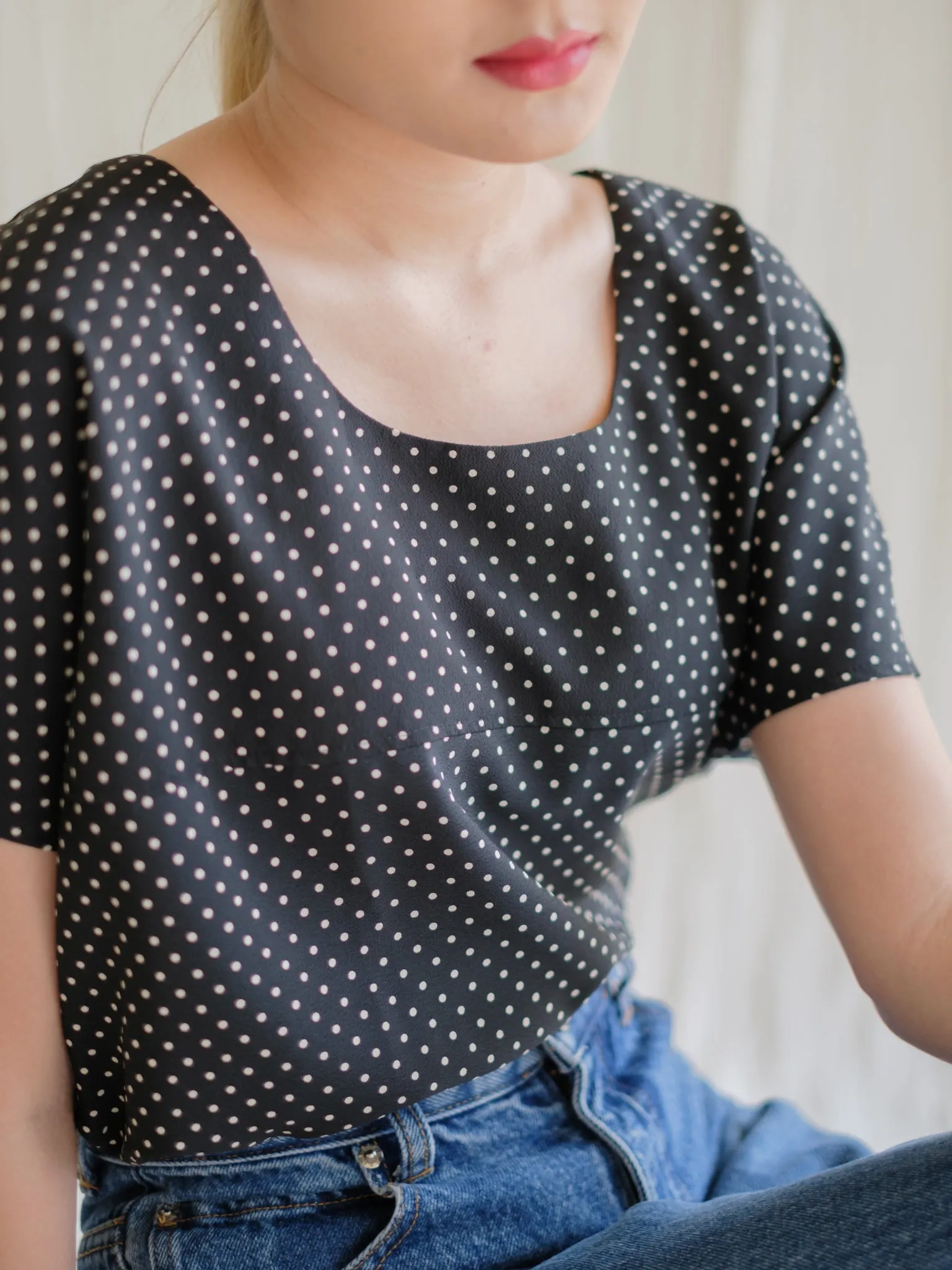 Vintage Black Polka Dot Round Neck Blouse