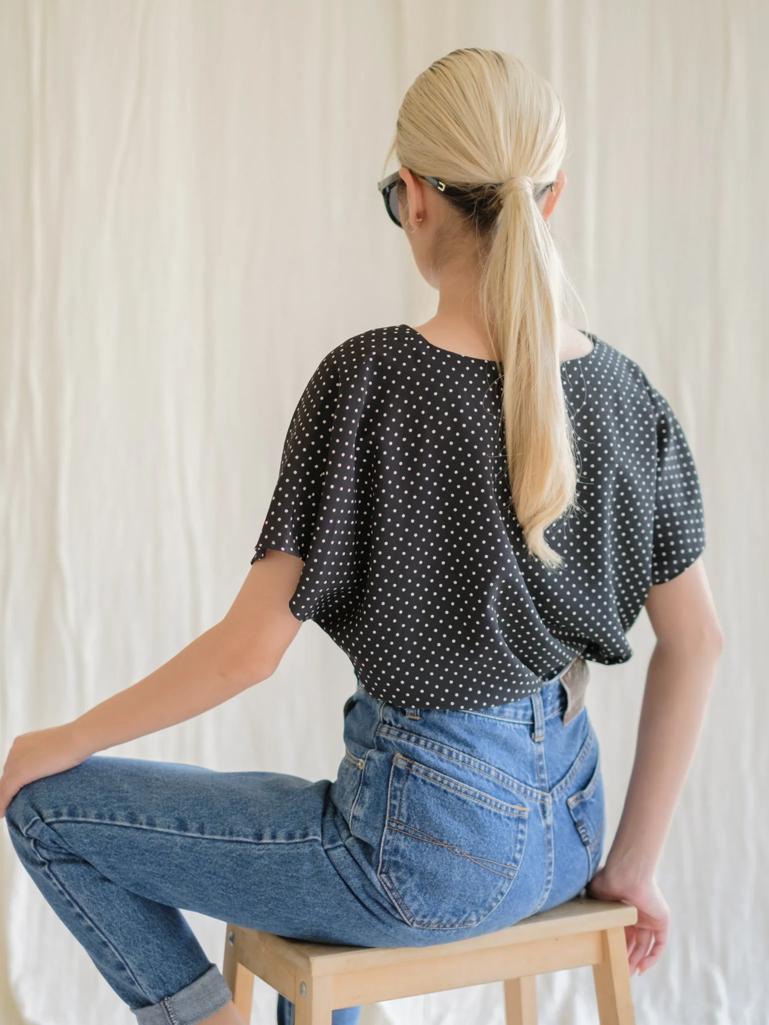 Vintage Black Polka Dot Round Neck Blouse