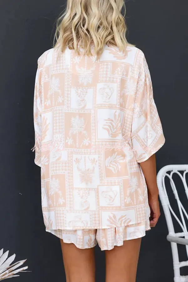 Viva La Travel Unique Print Loose Button Shirt and Elastic Waist Shorts Set