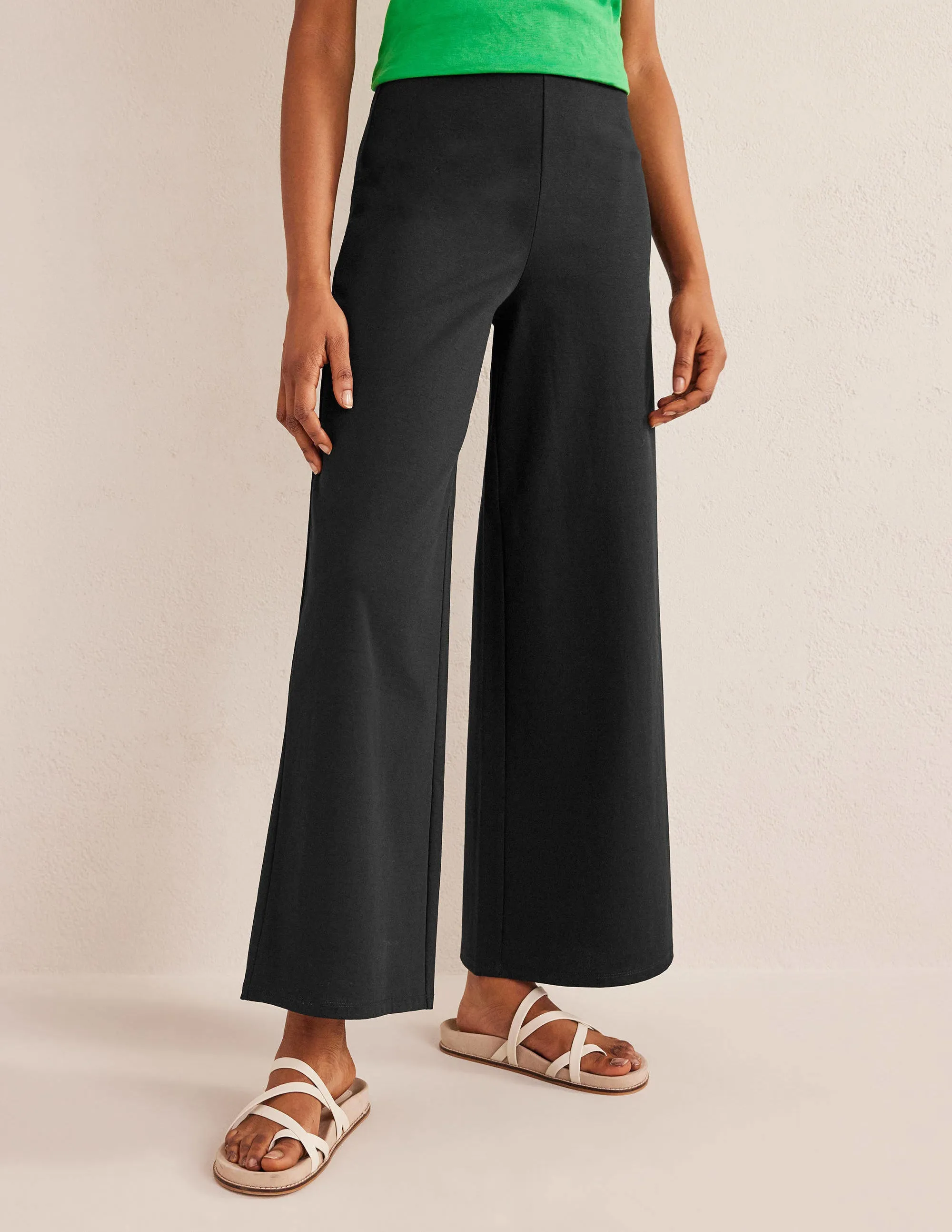 Wide Leg Jersey Trousers-Black