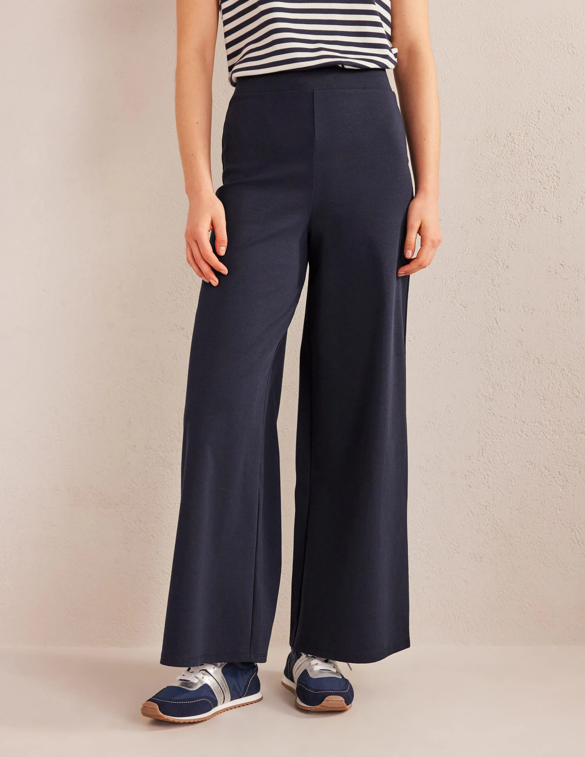 Wide Leg Jersey Trousers-Navy