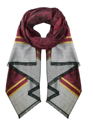 Wine Peach Couture Exclusive Silky Shiny Tribal Paisley Printed Fringe Scarf