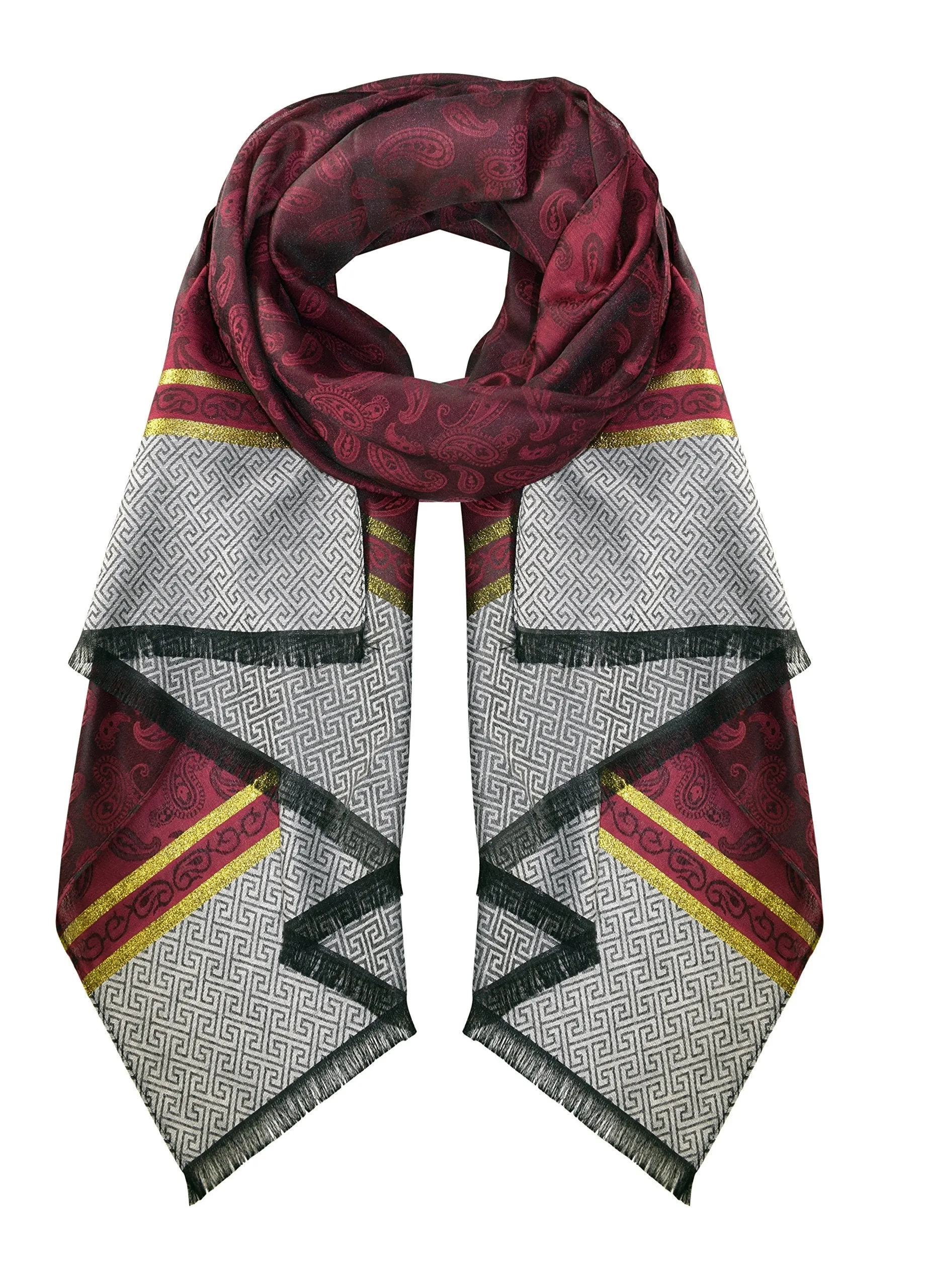 Wine Peach Couture Exclusive Silky Shiny Tribal Paisley Printed Fringe Scarf