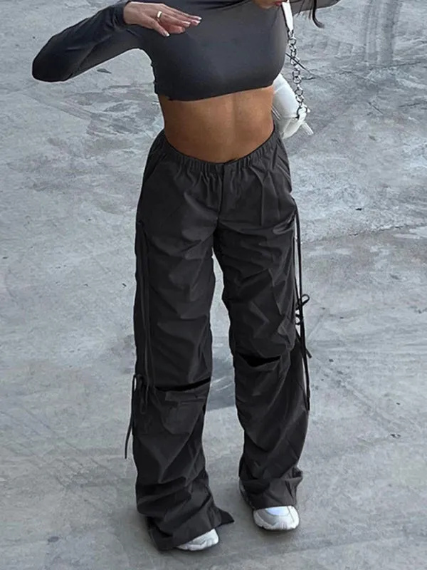 Women's Solid Color Wide Leg Drawstring Cargo Pants