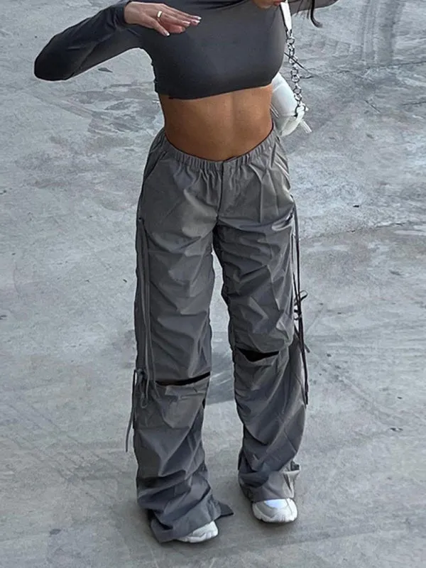Women's Solid Color Wide Leg Drawstring Cargo Pants