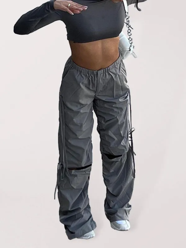 Women's Solid Color Wide Leg Drawstring Cargo Pants