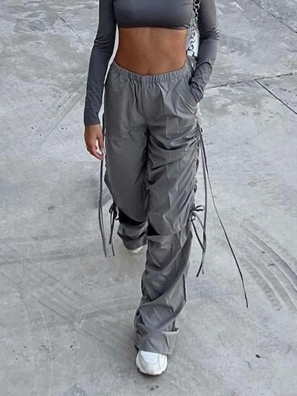 Women's Solid Color Wide Leg Drawstring Cargo Pants