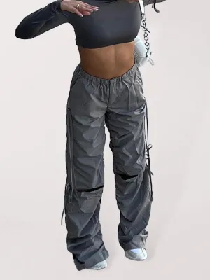 Women's Solid Color Wide Leg Drawstring Cargo Pants