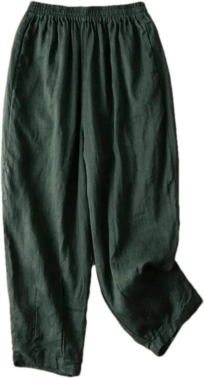 Women's Summer Loose Cotton and Linen Elastic Waist Nine-Point Pants Pocket Breathable Harem Casual Pants