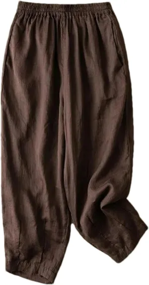 Women's Summer Loose Cotton and Linen Elastic Waist Nine-Point Pants Pocket Breathable Harem Casual Pants