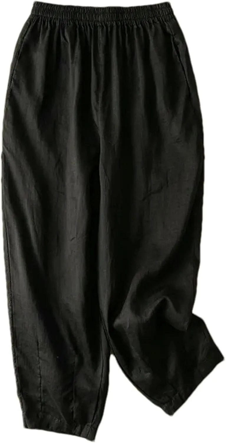 Women's Summer Loose Cotton and Linen Elastic Waist Nine-Point Pants Pocket Breathable Harem Casual Pants