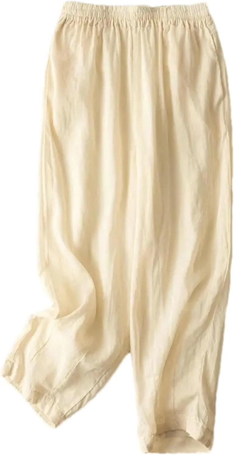 Women's Summer Loose Cotton and Linen Elastic Waist Nine-Point Pants Pocket Breathable Harem Casual Pants