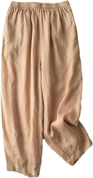 Women's Summer Loose Cotton and Linen Elastic Waist Nine-Point Pants Pocket Breathable Harem Casual Pants