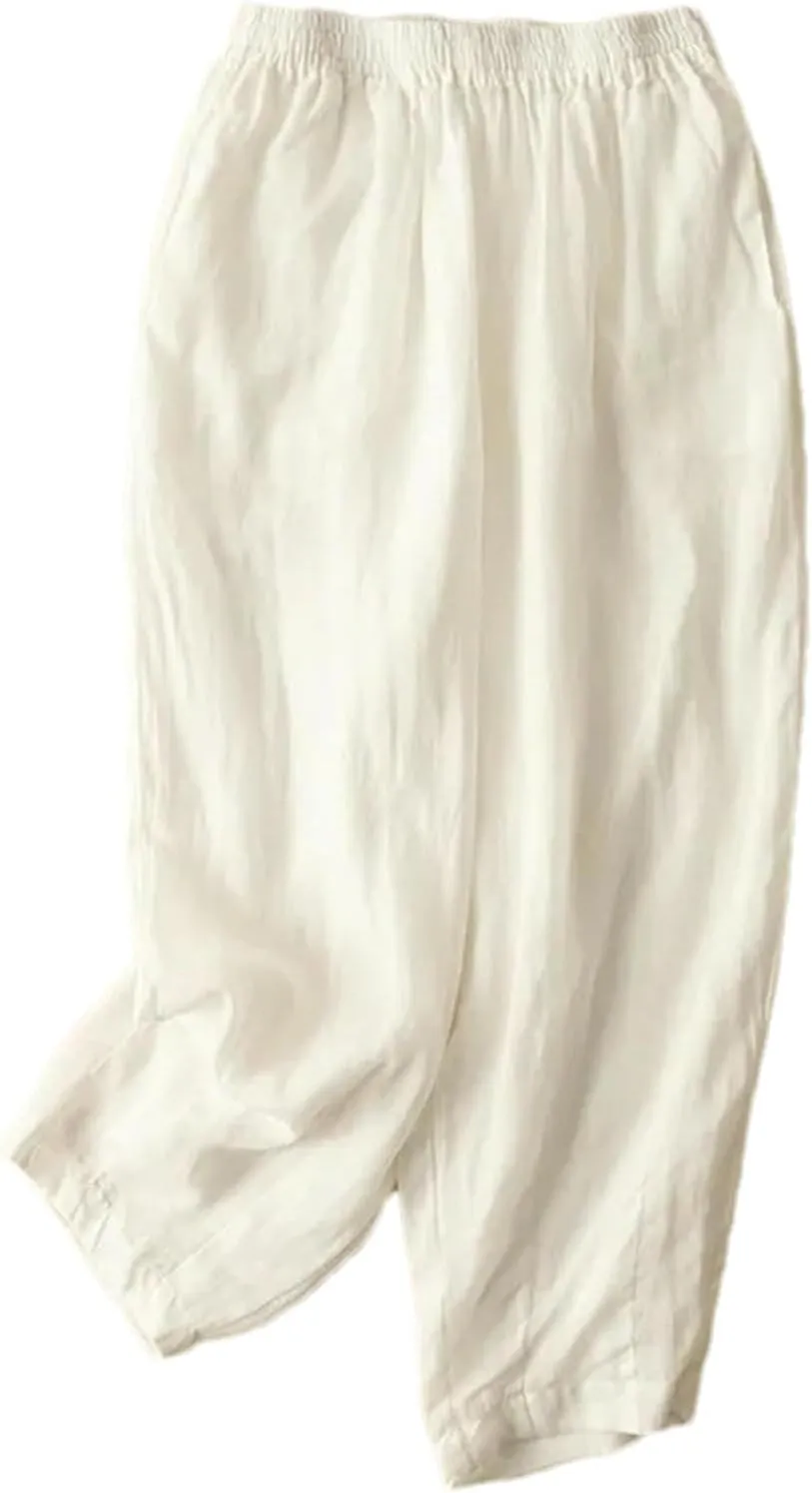 Women's Summer Loose Cotton and Linen Elastic Waist Nine-Point Pants Pocket Breathable Harem Casual Pants